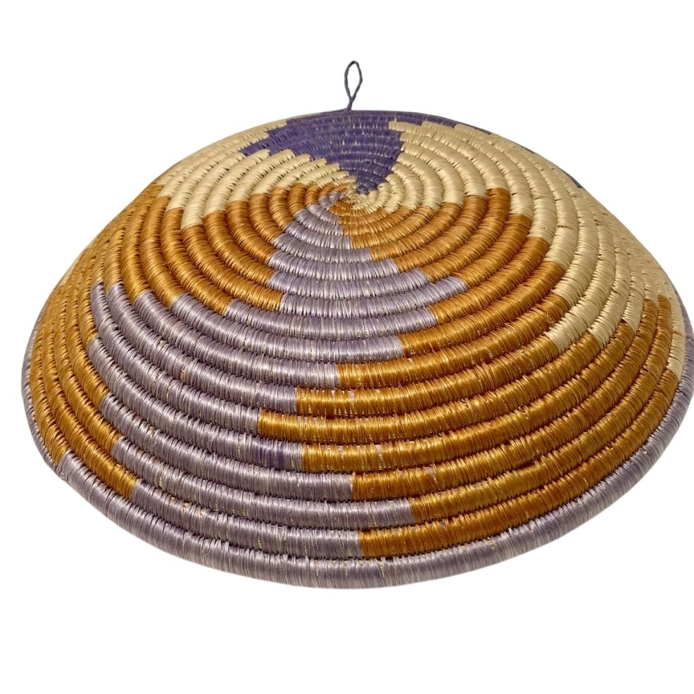 Handwoven Sisal Coil Swirl Basket Wall Decor Natural Fibers Purple Brown 11.5” - Picture 2 of 7